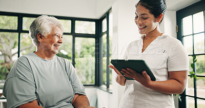 Buy stock photo Tablet, physical therapist and old woman in consultation, medical results and laugh in clinic. Tech, physiotherapy or senior patient with chiropractor for healthcare recovery, rehabilitation or funny