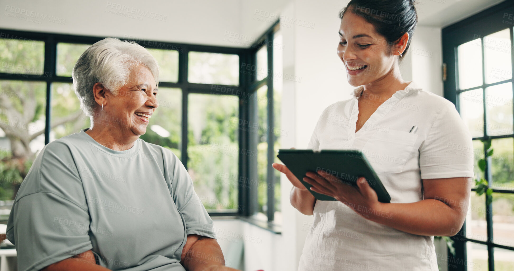 Buy stock photo Tablet, physical therapist and old woman in consultation, medical results and laugh in clinic. Tech, physiotherapy or senior patient with chiropractor for healthcare recovery, rehabilitation or funny