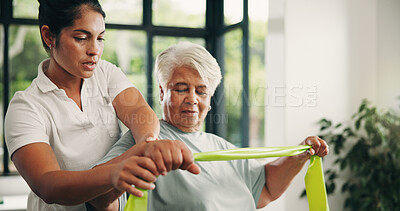 Buy stock photo Woman, physiotherapist or senior with resistance band for arm exercise or muscle recovery in clinic. Female person, physio or helping elderly patient with physiotherapy for support in health center 