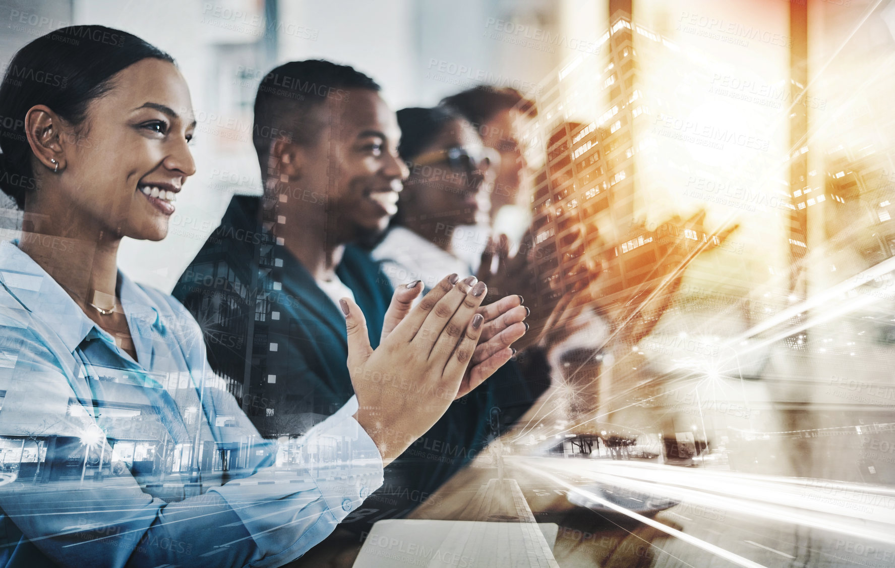Buy stock photo City overlay, clap or businesspeople in office with tech, good news or feedback on report success. Flare, double exposure or employees with applause, celebration or target reach for company growth.
