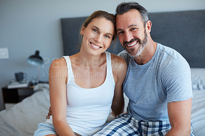 Buy stock photo Portrait, hug or couple in bedroom with smile, connection or bonding together in morning routine. Happy, embrace or people in house with relax, healthy relationship or romantic moment at start of day