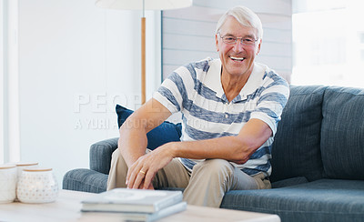 Buy stock photo Happy, confident and portrait of senior man on sofa with calm, positive attitude and peace on weekend. Smile, relax and elderly male person in retirement in living room at apartment in London.