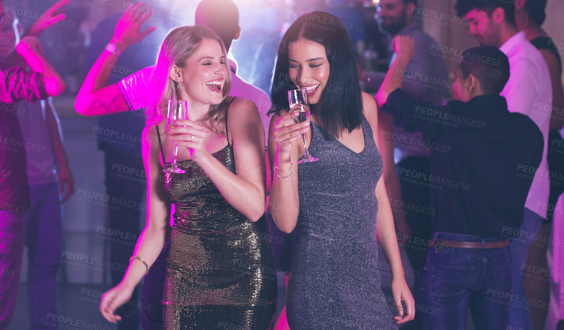 Buy stock photo Happy women, dancing and nightclub with drinks for party, celebration or disco rave together. Female people, friends or evening with smile or champagne glasses for night out, event or bonding in club