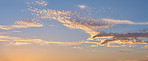 Landscape, sunset and sky with clouds outdoor for climate change of atmospheric conditions. Environment, cloudscape and dusk with meteorology for weather pattern, scenic view and forecast in nature