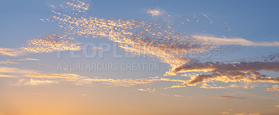 Buy stock photo Landscape, sunset and sky with clouds outdoor, climate change and atmospheric conditions. Environment, cloudscape and banner with meteorology for weather pattern, scenic view and forecast in nature