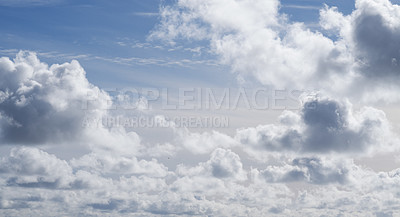 Buy stock photo Nature, blue sky and clouds in cloudscape for climate, meteorology or conservation. Outdoor, fresh air and environment for sustainability, weather or atmosphere for wind or ozone in stratosphere