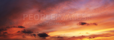 Buy stock photo Beauty, sunset and sky with clouds outdoor for climate change, atmosphere and conditions. Landscape, cloudscape and banner with meteorology for weather transition, scenic view and forecast in nature