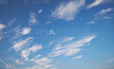 Buy stock photo Nature, blue sky and clouds in environment for meteorology, climate or conservation. Outdoor, fresh air and cloudscape for sustainability, weather or atmosphere for wind or ozone in stratosphere