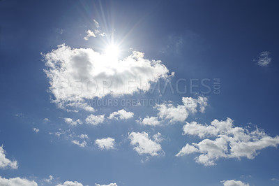 Buy stock photo Nature, sky and clouds with sunshine for weather, climate or conservation. Outdoor, fresh air and cloudscape for sustainability, meteorology forecast or atmosphere for wind or ozone in stratosphere