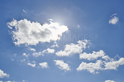 Buy stock photo Nature, sky and clouds with sunshine for atmosphere, climate or conservation. Outdoor, fresh air and cloudscape for sustainability, meteorology forecast or weather for wind or ozone in stratosphere