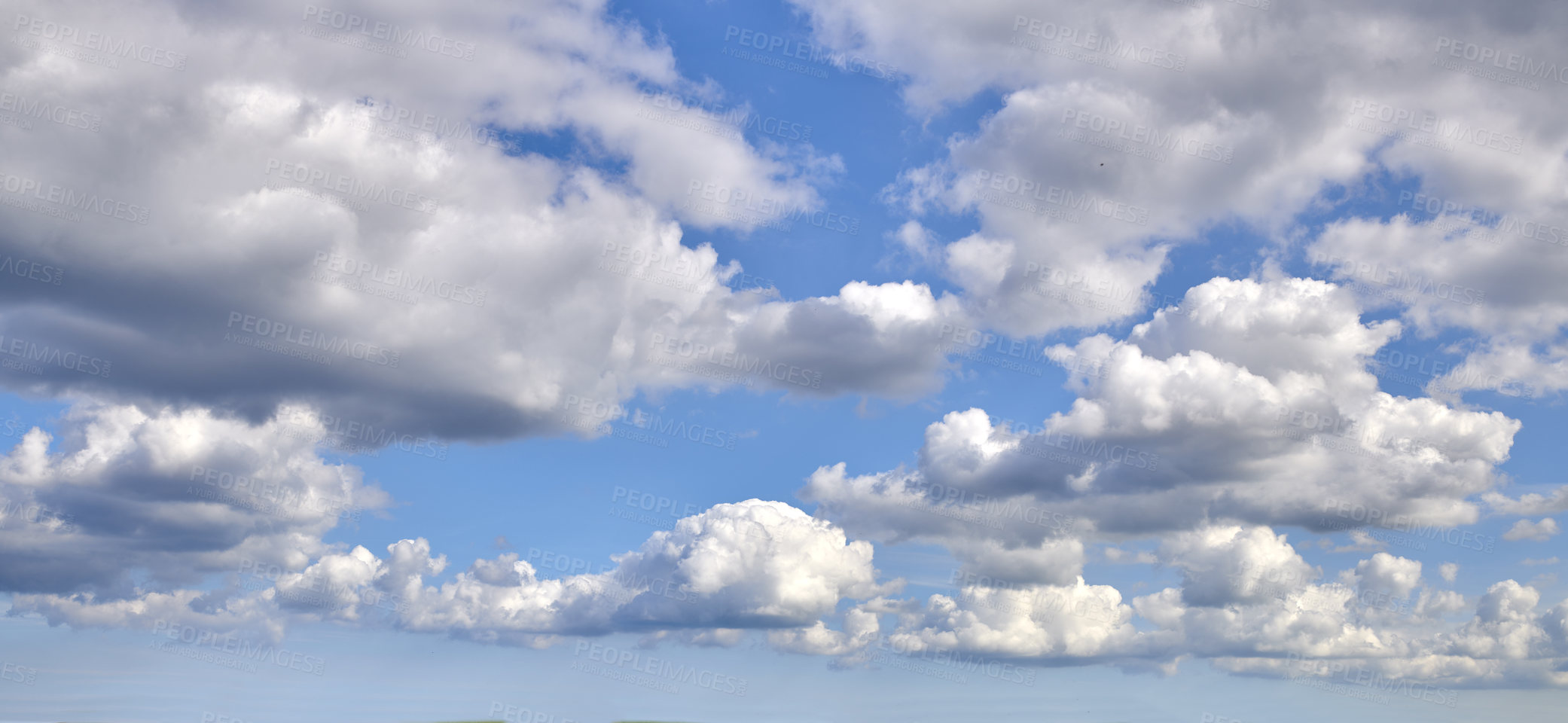 Buy stock photo Nature, blue sky and clouds in atmosphere for weather, meteorology or climate. Outdoor, fresh air and environment for sustainability, conservation or cloudscape for wind or ozone in stratosphere