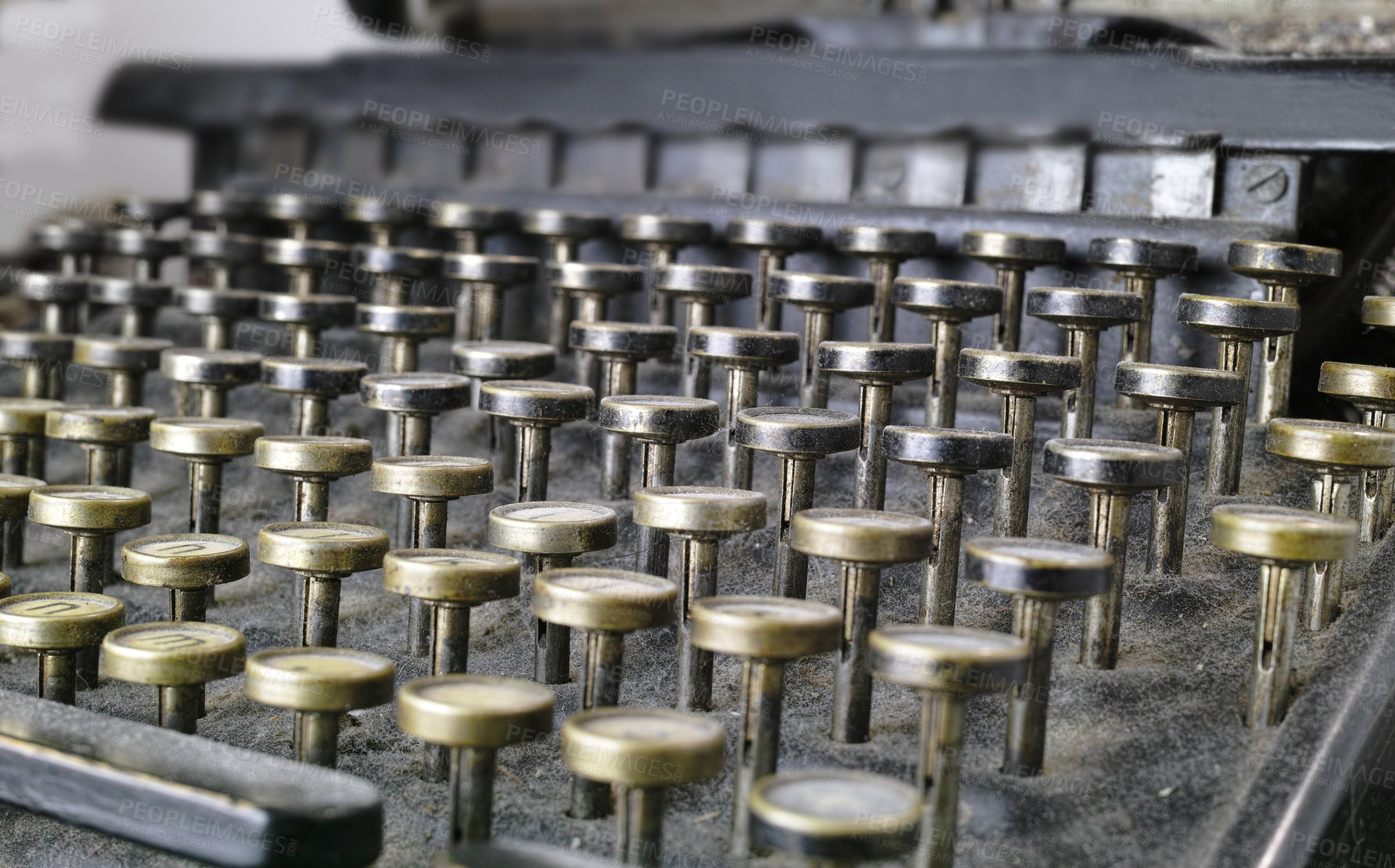 Buy stock photo Vintage, typewriter and metal keys with dust for journalism, storytelling or spider webs closeup. Retro technology, writing tools and dirty machine, hardware and zoom with brass equipment for article