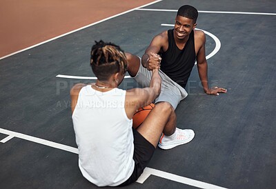 Buy stock photo Happy, friends and break on basketball court with handshake, exercise goals or support for fitness. People, smile and shaking hands outdoor with wellness, workout rest or teamwork for sports practice