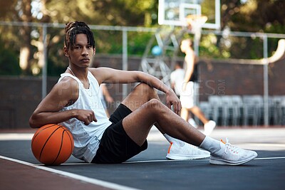 Buy stock photo Fitness, ball or athlete on basketball court with portrait, athletic hobby or practice in weekend game. Serious, break or man with roundball, hoop sport and training session with competition.