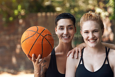 Buy stock photo Portrait, athlete and people with basketball on court for fitness, training and sports practice. Bokeh, women and team with equipment for match, workout challenge and tournament with players support