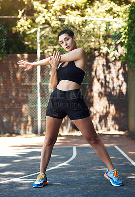 Buy stock photo Serious, athlete and woman stretching on court for fitness, prepare muscle and exercise. Portrait, female person and getting ready with warm up to start training, match practice and sports challenge