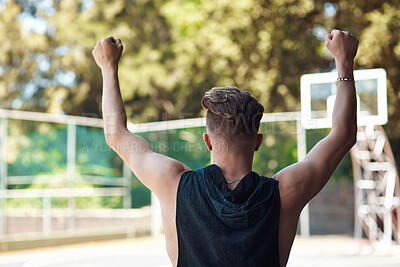 Buy stock photo Basketball, fist pump and back of man on court for winning match, tournament or game. Sports, arms raised and person celebrate for score, goal and outdoor for exercise, training or practice for hobby