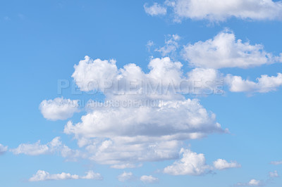 Buy stock photo Space, nature and clouds in blue sky for weather pattern, atmosphere and climate. Natural background, empty and scenic view of skyline with aesthetic for texture, wallpaper and environment in morning