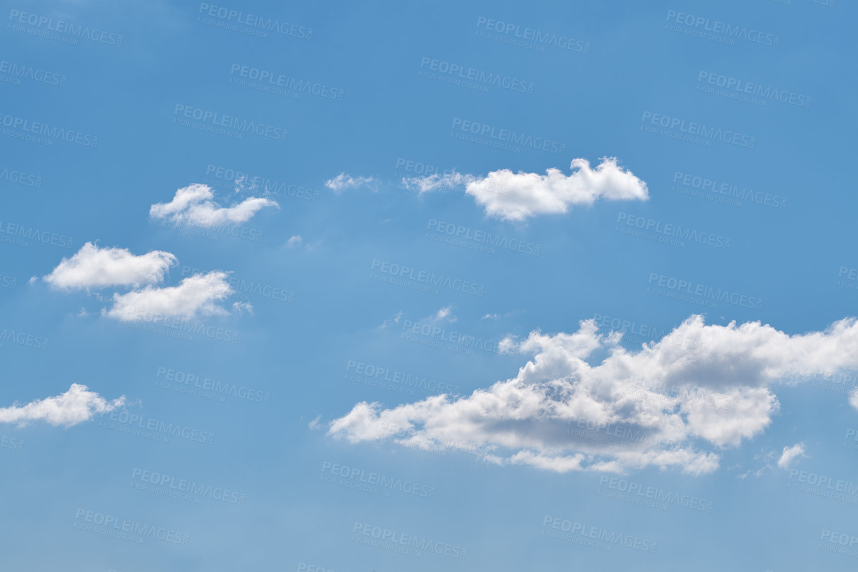 Buy stock photo Space, empty and clouds in blue sky for climate, weather pattern and atmosphere. Natural, background and scenic view of skyline with aesthetic for texture, wallpaper and environment in morning