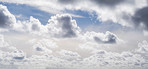 Space, empty and clouds in blue sky in nature for weather pattern, atmosphere and climate. Natural, background and scenic view of skyline with aesthetic for texture, wallpaper and air environment