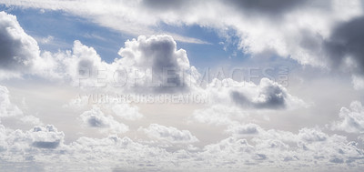 Buy stock photo Space, empty and clouds in blue sky in nature for weather pattern, atmosphere and climate. Natural, background and scenic view of skyline with aesthetic for texture, wallpaper and air environment