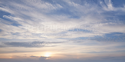Buy stock photo Sunset, horizon and blue sky with clouds for weather, atmosphere and empty space. Natural, background and air with sunshine in evening for aesthetic, wallpaper and scenic view for nature or climate