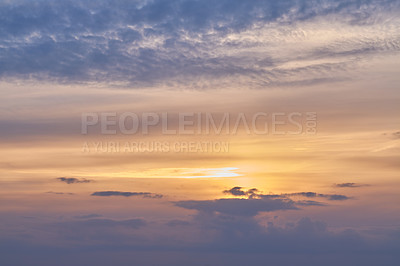 Buy stock photo Sunrise, orange and blue sky with clouds for weather, atmosphere and empty space. Natural, background and air with sunshine in morning for aesthetic, wallpaper and scenic view for nature or climate
