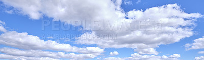 Buy stock photo Banner, empty and clouds in blue sky for weather pattern, atmosphere and climate. Natural, background and scenic view of air space with aesthetic for texture, wallpaper and environment in morning