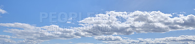 Buy stock photo Nature, banner and clouds in blue sky for weather pattern, atmosphere and climate. Natural, background and scenic view of skyline with aesthetic for texture, wallpaper and environment in morning