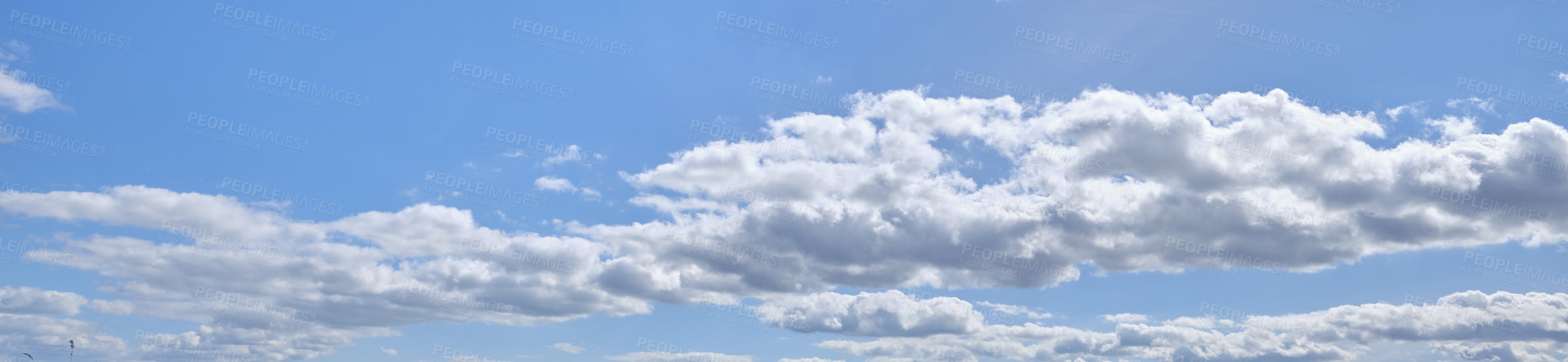 Buy stock photo Nature, banner and clouds in blue sky for weather pattern, atmosphere and climate. Natural, background and scenic view of skyline with aesthetic for texture, wallpaper and environment in morning