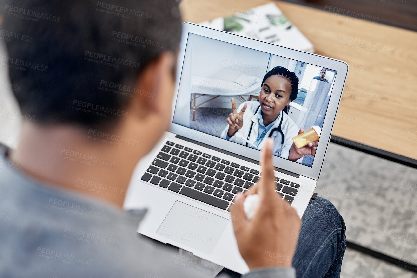 Buy stock photo Video call, laptop screen and doctor with man in home for telehealth, pills dosage and medical advice. Healthcare consultant, virtual advisor and prescription with woman online for help and medicine