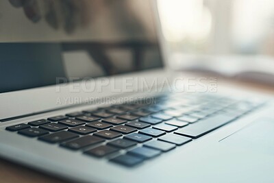 Buy stock photo Keyboard, empty room and planning with laptop in office for homepage editor, web designer and email. Online design review, technology and interior with closeup of tech in digital agency for startup