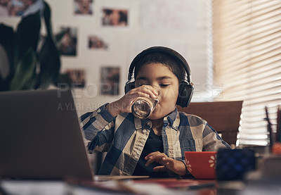 Buy stock photo Headphones, laptop or boy drinking water in home, virtual lesson break or watch video for online class. Hydration, studying or kid with tech for knowledge development, elearning or digital education