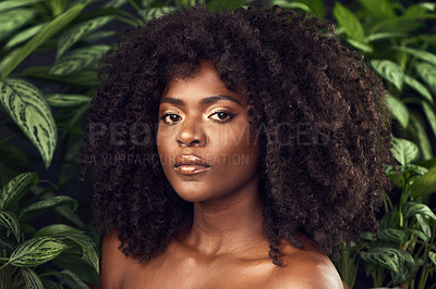 Buy stock photo Beauty, plants and serious with portrait of black woman for organic cosmetics or dermatology. Aesthetic, nature and skincare with African model on green for eco friendly cosmetology or sustainability