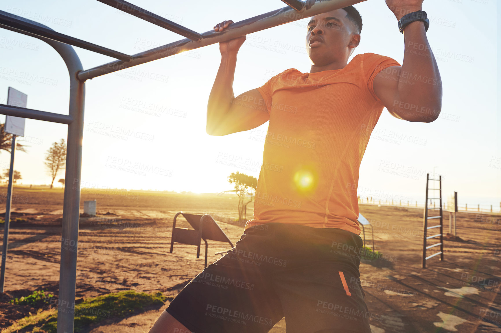 Buy stock photo Black man, pull up and bar outdoor with fitness exercise, strength training and body balance. Athlete, person and grip with equipment for calisthenics, strong muscle and endurance workout at park gym