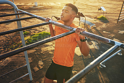 Buy stock photo Above, black man and pull up with bar at park for fitness, strength training and body balance. Athlete, male person and exercise with equipment for calisthenics, strong muscle and endurance workout
