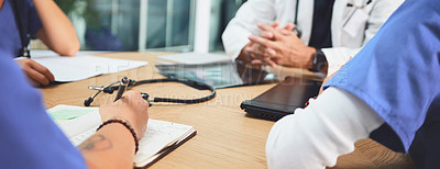 Buy stock photo Hands, medical team and writing notes in meeting for healthcare information, discussion or planning. People, doctor and nurse with notebook for idea, minutes and records with banner in clinic