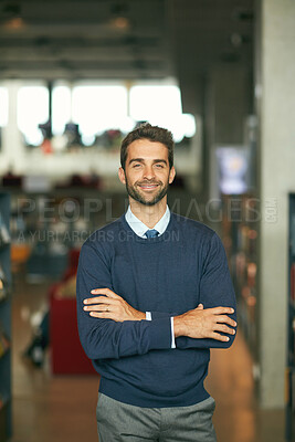 Buy stock photo University, portrait or professor in library with arms crossed, job or pride in academic position. Happy, man or lecturer on college campus with confidence, career or experience in education industry