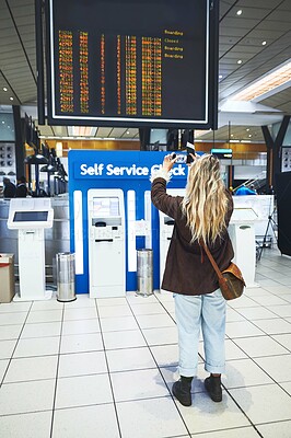 Buy stock photo Woman, picture and phone screen with flight info at airport for travel schedule, gate number or back. Passport, person and mobile photo of airline display for departure, immigration and boarding time