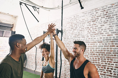Buy stock photo High five, happy and fitness with people in gym for workout partner, health goal and motivation. Success, training team and exercise target with friends in sports center for wellness and community