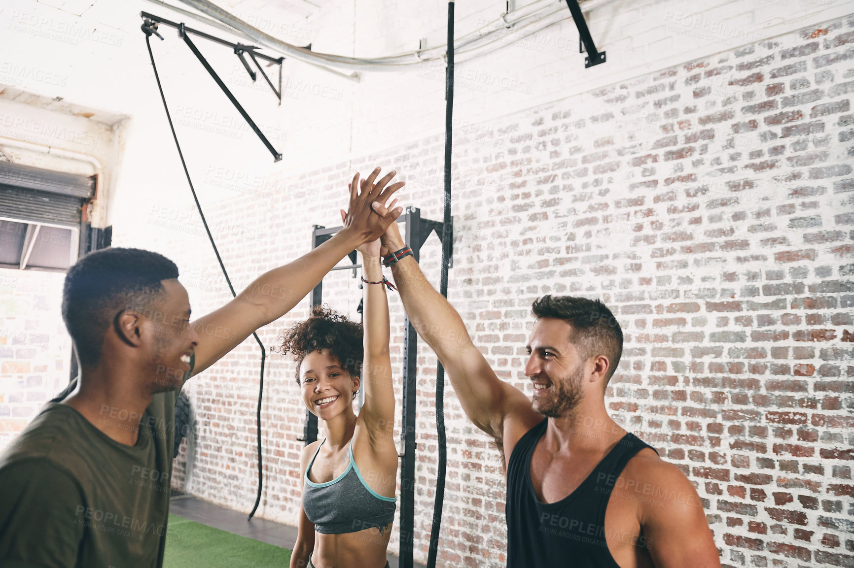Buy stock photo High five, happy and fitness with people in gym for workout partner, health goal and motivation. Success, training team and exercise target with friends in sports center for wellness and community