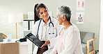 Smile, doctor and elderly woman on tablet in office for good news, research and online results of diagnosis. People, digital and healthcare report, insurance checklist and treatment plan and medical