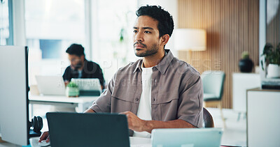 Buy stock photo Computer, research and businessman in office with reading email for feedback on creative project. Technology, communication and male magazine editor working on article for publishing at agency.