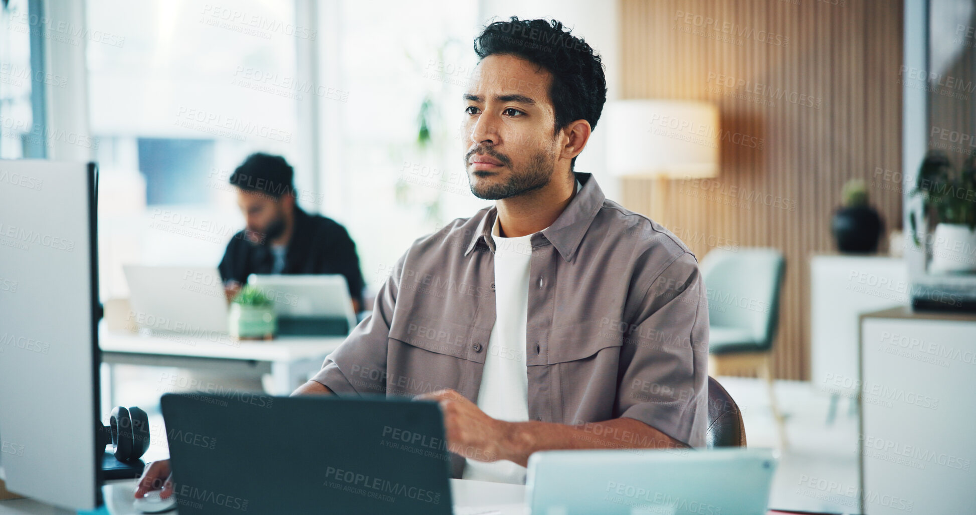 Buy stock photo Computer, research and businessman in office with reading email for feedback on creative project. Technology, communication and male magazine editor working on article for publishing at agency.