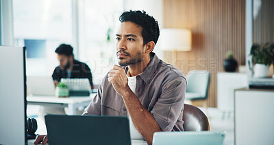 Buy stock photo Computer, research and businessman in office with thinking on feedback for creative project. Technology, problem solving and male magazine editor with ideas for article with publishing at agency.