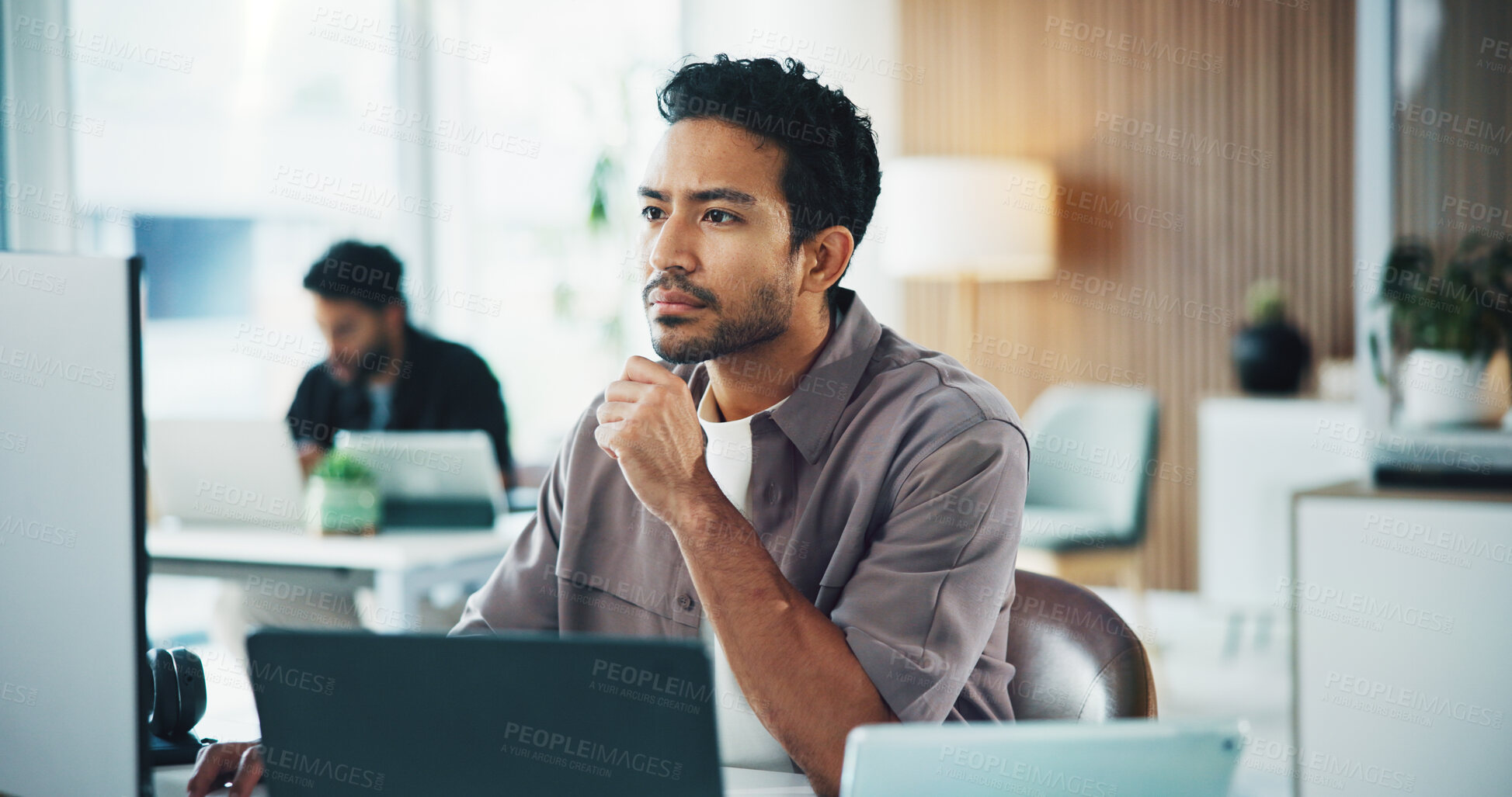 Buy stock photo Computer, research and businessman in office with thinking on feedback for creative project. Technology, problem solving and male magazine editor with ideas for article with publishing at agency.