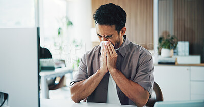 Buy stock photo Tissue, blowing nose and business man in office with flu symptoms, illness and sinus infection at desk. Startup, workplace and sick person with sneeze for health crisis, cold and allergy by computer