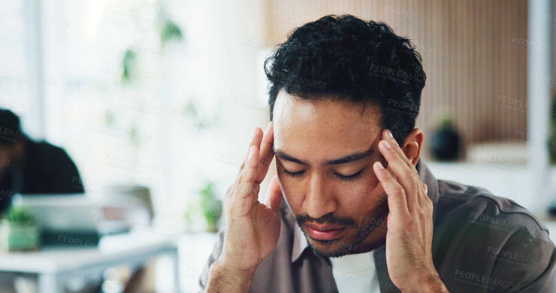 Buy stock photo Stress, headache and businessman in office with fatigue, burnout or frustration for creative project. Mistake, tired and male magazine editor with migraine for error with publishing at startup agency