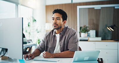 Buy stock photo Computer, research and businessman in office with contact for email with feedback on creative project. Technology, communication and male magazine editor working on article for publishing at agency.