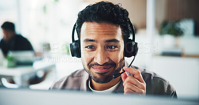Buy stock photo Call center, smile and businessman with headset in office for crm, customer service or helpdesk. Communication, computer and male consultant with mic for technical support, contact us or advice.